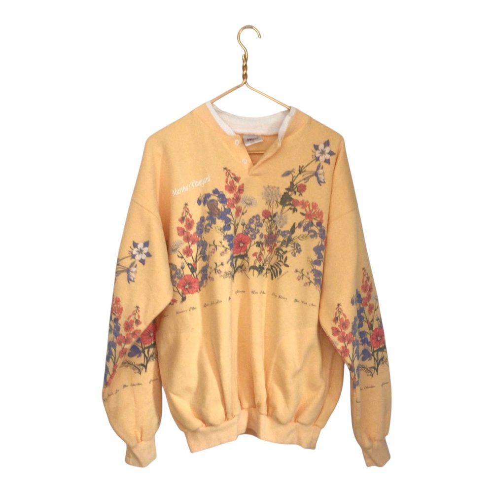 Martha's Vineyard Vintage 1990s Floral Graphic Plant Butter Yellow Sweater XL